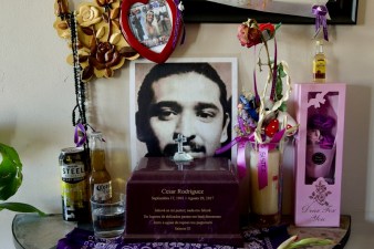 Cesar Rodríguez' ashes are the centerpiece of an altar that takes up one side of the common room where his family lives. Sahra Sulaiman/Streetsblog L.A