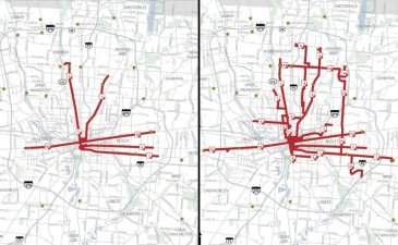 Frequent service maps (15 minute headways or greater) for Columbus' COTA before (left) and after (right) the system redesign. Maps: Columbus Underground.