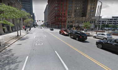 If Cleveland's East 9th Street had bike lanes, Jenasia Summers would probably still be alive. Image: Google Maps