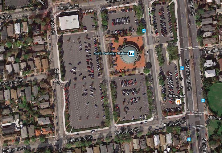The North Berkeley BART station is, like others, surrounded by a sea of parking that could be put to much better use. Photo: Google