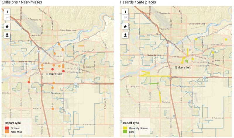 As data begins to come in, Bakersfield data already includes collisions (in red), near-misses (orange), unsafe areas (yellow) and safe areas (green). Image from Street Story.