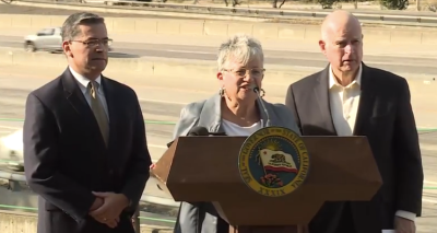 Backed by a noisy freeway, CA Attorney General Xavier Becerra, ARB Chair Mary Nichols, and Governor Jerry Brown vowed to fight the proposed federal freeze on clean-car standards.