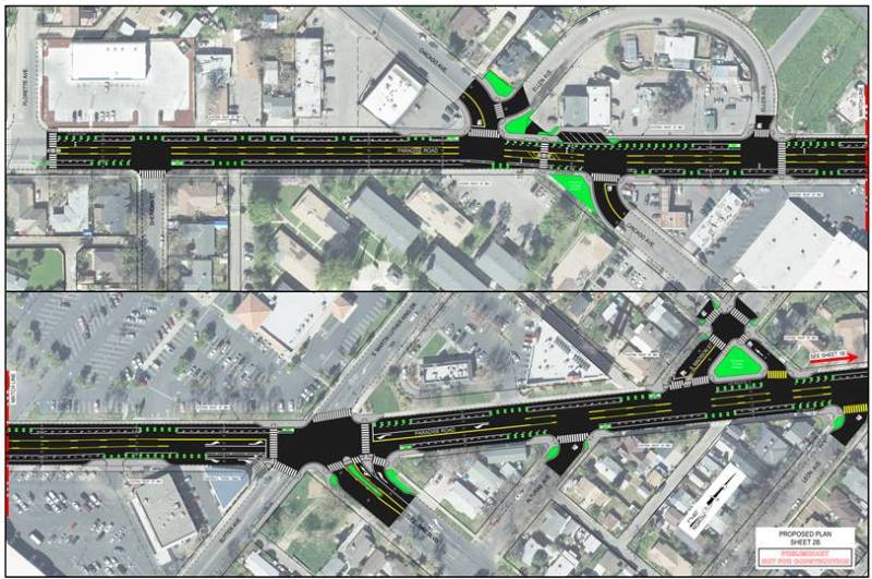 Modesto plans to narrow Paradise Road from four lanes to three, install bicycle lanes, fill in sidewalk gaps, and add other features to make it safer. Image courtesy of City of Modesto.