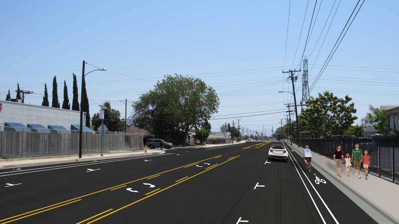 Three-lane Hazard Avenue with protected bike lane. Image: Orange County Public Works