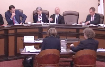 Senators Ben Allen, Hannah-Beth Jackson, and Bob Wieckowski, from left at dais, listen to testimony on California Environmental Quality Act lawsuits