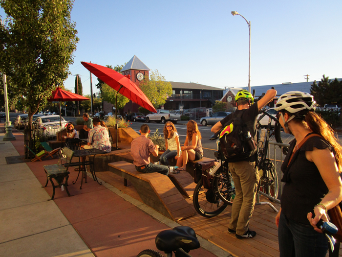 With Caltrans permission, Shasta Living Streets built a temporary parklet on state highway 273, which is California Street through downtown Redding. Photo: Shasta Living Streets