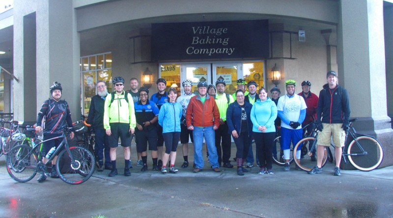 Riders gather at 6 a.m. for the annual Mayor's Bike to Work Day ride. That's Mayor Ted Brandvold in the center, in red. Photos by Melanie Curry/Streetsblog unless noted
