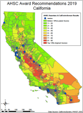 This map shows the geographic distribution of staff-recommended AHSC grants, overlayed onto a map showing CalEnviroScreen scores, which are used to define disadvantaged communities