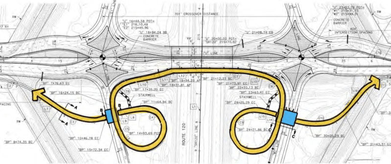 The bike and pedestrian path alongside the planned Diverging Diamond Interchange in Manteca, CA. Image: City of Manteca