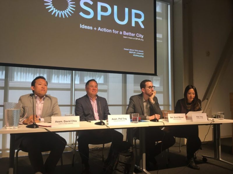 From left, Assemblymembers David Chiu and Phil Ting, Senator Scott Wiener, moderator Katy Tang talk housing policy at SPUR SF. Photo: Melanie Curry/Streetsblog