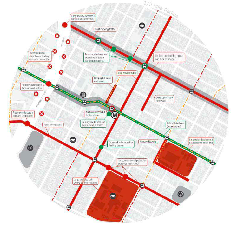 LA Metro 1/2 mile radius map of a station, identifying barriers to active transportation as well as assets and safety enhancements that make it easier.
