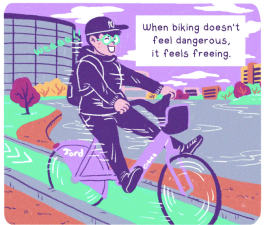 Vreni perfectly captures how it feels to ride in the new protected bike lane at Lake Merritt in Oakland. All illustrations by Vreni