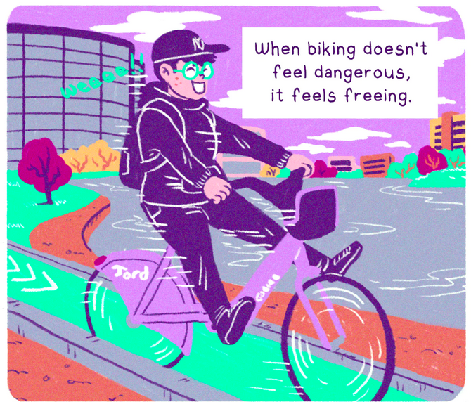 Vreni perfectly captures how it feels to ride in the new protected bike lane at Lake Merritt in Oakland. All illustrations by Vreni