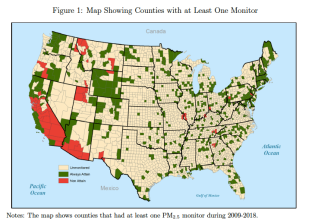 California stands out for its "nonattainment" areas, as well as for the high number of monitoring stations. Image from Recent Increases in Air Pollution:
Evidence and Implications for Mortality by Karen Clay
and Nicholas Z. Muller