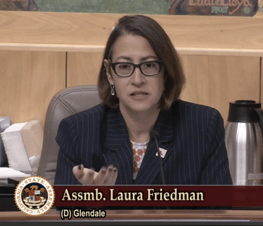 Assemblymember Laura Friedman addresses a joint hearing on micromobility regulations. Image: screengrab from CA Assembly