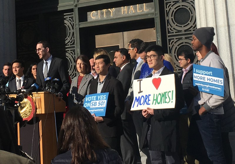 Senator Scott Wiener introduces his amended housing bill in Oakland, flanked by supporters. Photo by Melanie Curry/Streetsblog