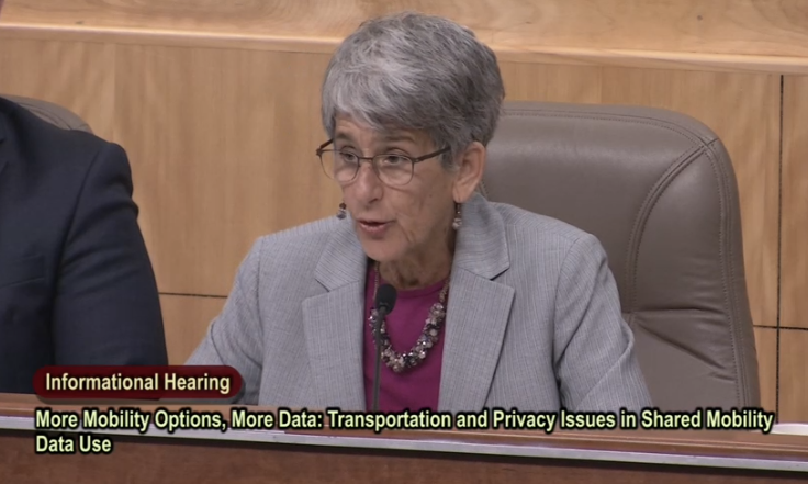 Senator Hannah-Beth Jackson at a joint hearing of the Senate Transportation and Judiciary committees.