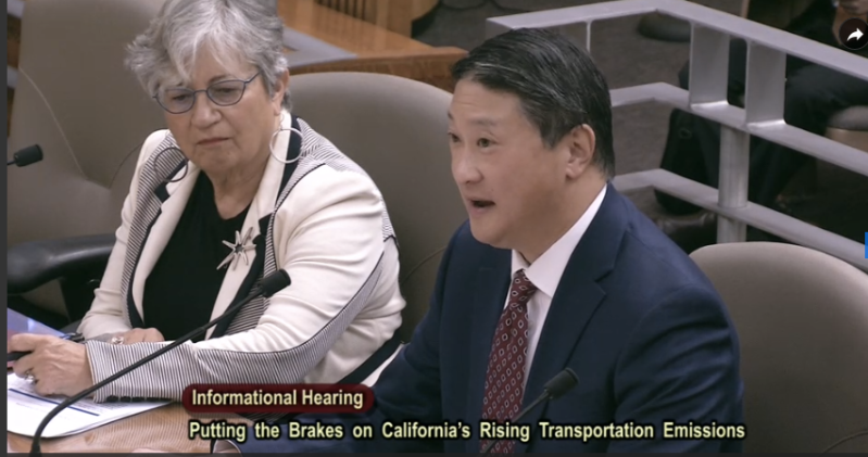 Air Resources Board Chair Mary Nichols, left, and California State Transportation Agency David Kim, right, testify to the Senate on state efforts to reduce emissions from transportation