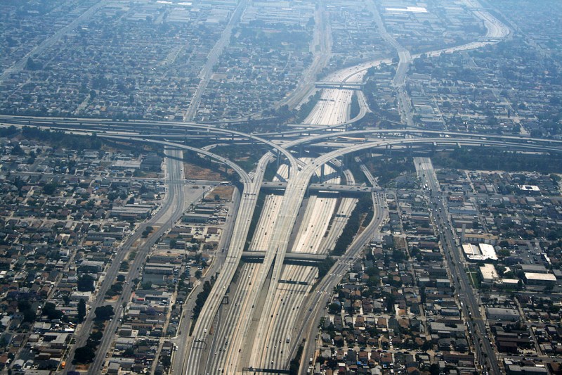 People who live near freeways are subject to higher levels of particulates. Photo of 110/105 junction by Remi Jouan, from Wikipedia