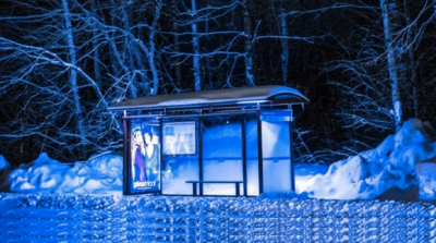 Nice bus stop lit up at night