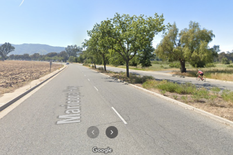 This stretch of the Maricopa Highway in Ojai is about to get a quick-build pilot parking protected bike lane. This view is looking back towards town, along the northbound side of the 4-lane road. Image from Google Street View