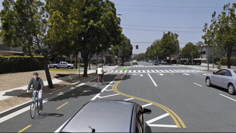 Proposed protected bike lane on Union Street in Pasadena. Image from City of Pasadena