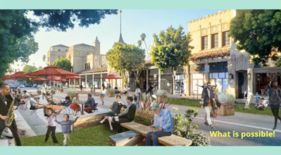 Rendering of potential 6th St plaza, with people sittin gon benches, walking, etc