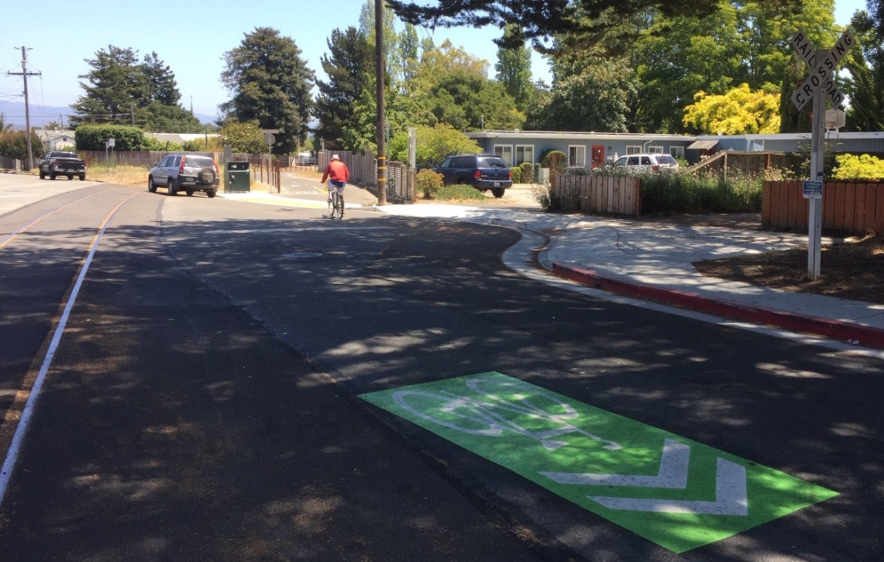 Green-backed sharrow where the Santa Cruz Rail Trail crosses Lennox Street