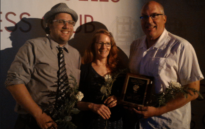 Newton (left) with Curry and SBLA editor Joe Linton at the 2015 LA Press Club Awards.