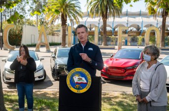 California Gov. Gavin Newsom speaks at a press conference on Wednesday, Sept. 23, 2020, at Cal Expo in Sacramento where he announced an executive order requiring the sale of all new passenger vehicles to be zero-emission by 2035.