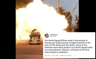 Despite having given press statements regarding the imminent detonation of volatile fireworks, called in the fire department to be on standby, placed the last of the explosive materials in the TCV ten minutes prior to detonation as helicopters from local TV stations hovered overhead, and yelled “Fire in the hole!” to warn observers they were about to set off the counter charges, LAPD’s very first public step after the blast at 716 E. 27th St. was to take to twitter and launch an active disinformation campaign.