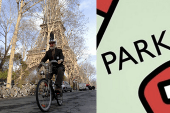 Donald Shoup rides a bike in front of the eiffel tower; to the left, the cover of his book, The High Cost of Free Parking