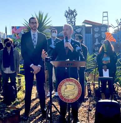 Senator Scott Wiener and SFMTA Director Jeff Tumlin, foreground, introduce S.B. 922 in Bay View, San Francisco. Image: Screengrab from Facebook