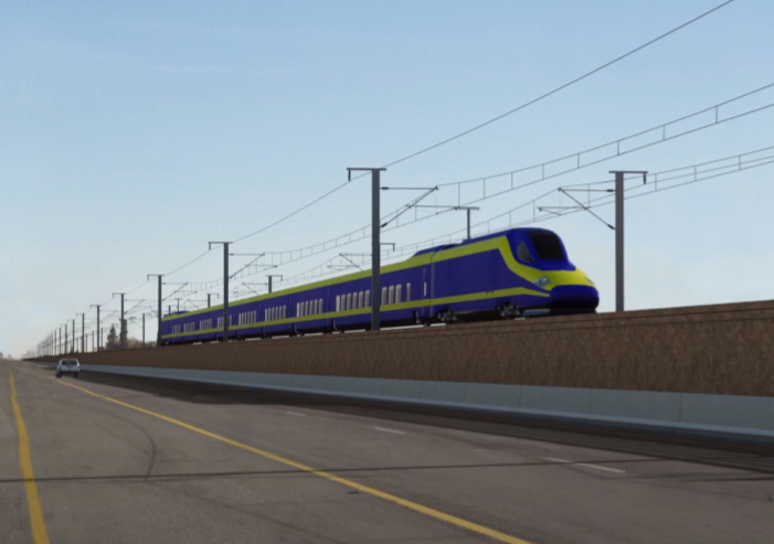 A rendering of a bullet train going through Morgan Hill in Rivas's district. Image: CaHSRA